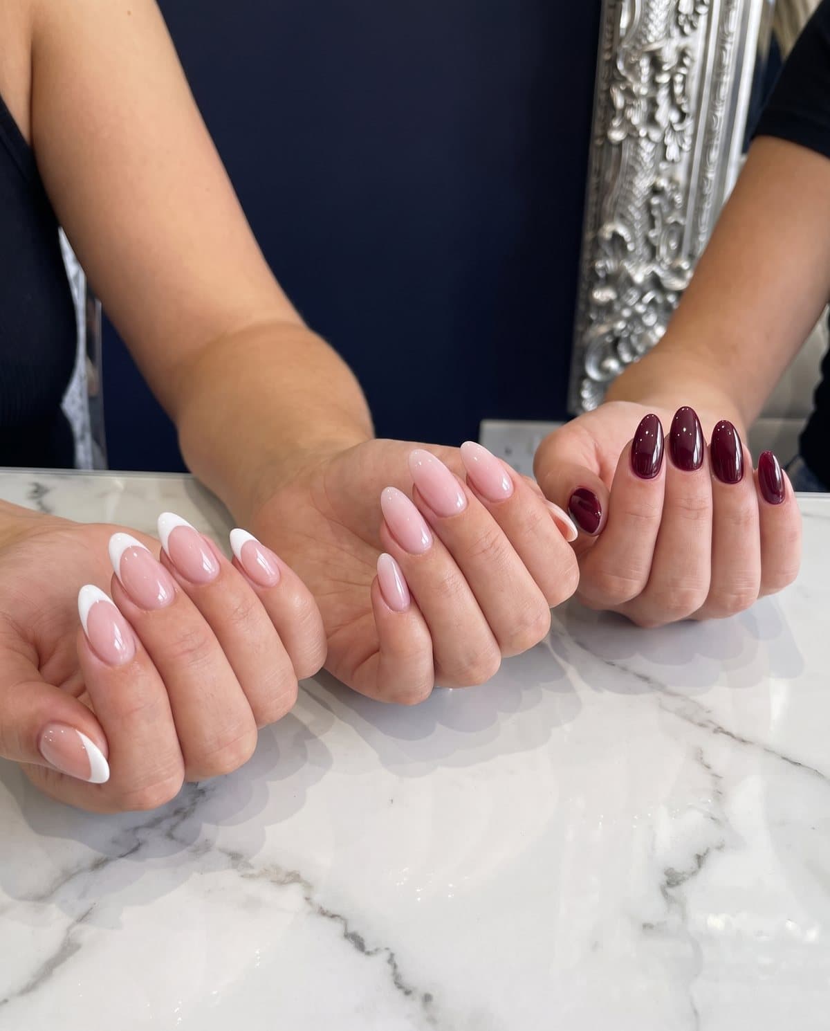 Three finished sets side by side: French, milky pink and burgundy