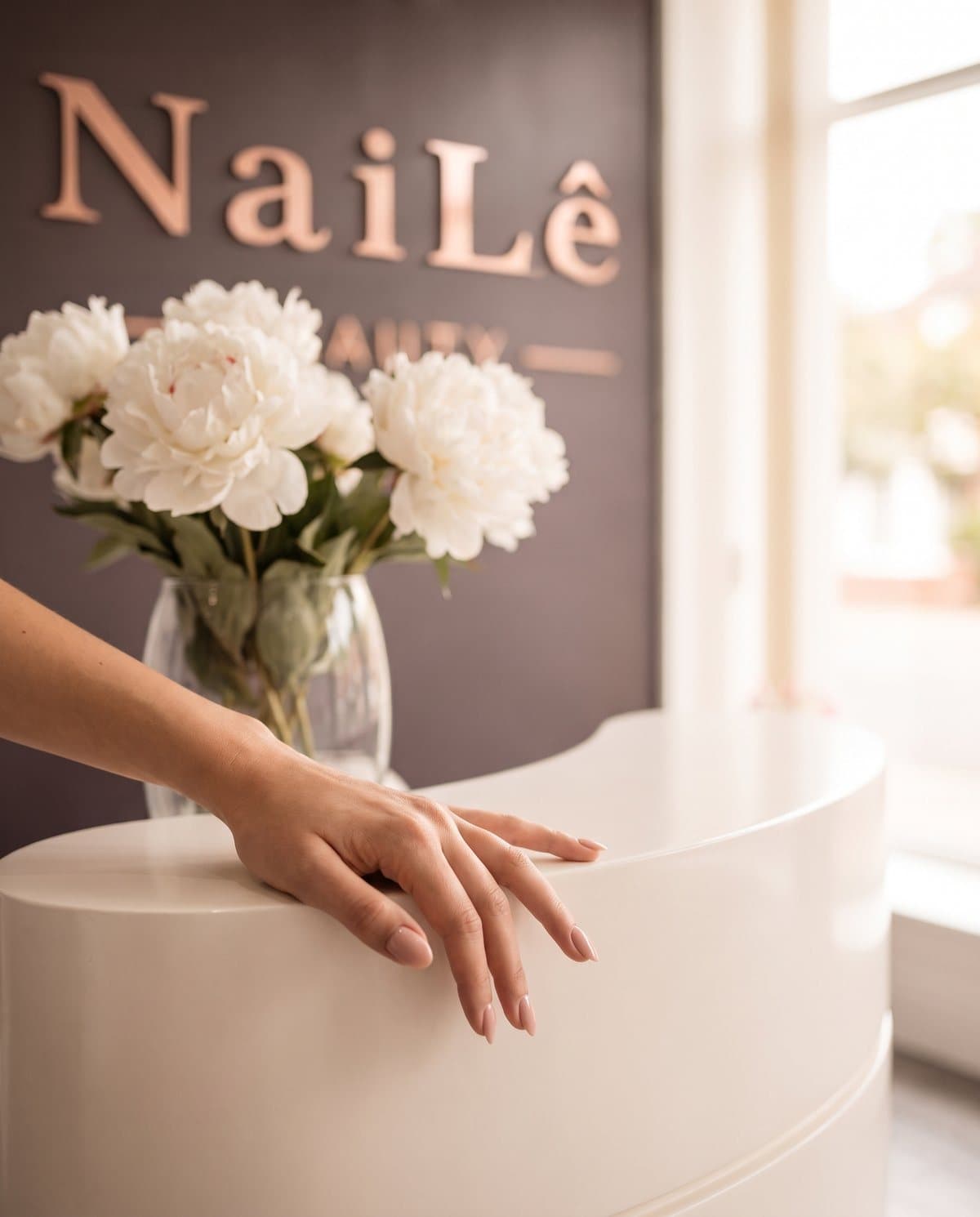 A hand with freshly done nails resting on the reception desk