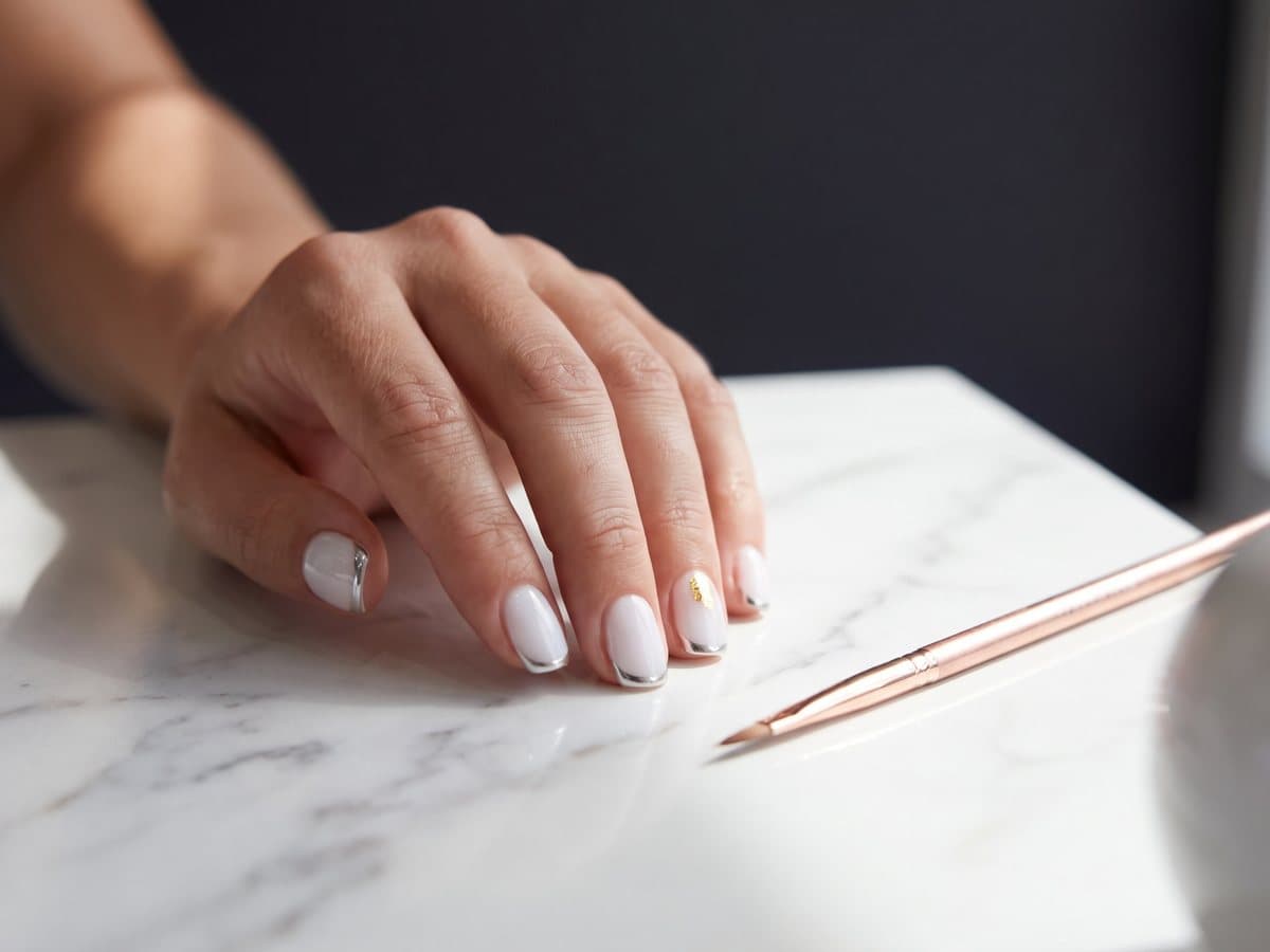 Hand-painted nail art with chrome tips
