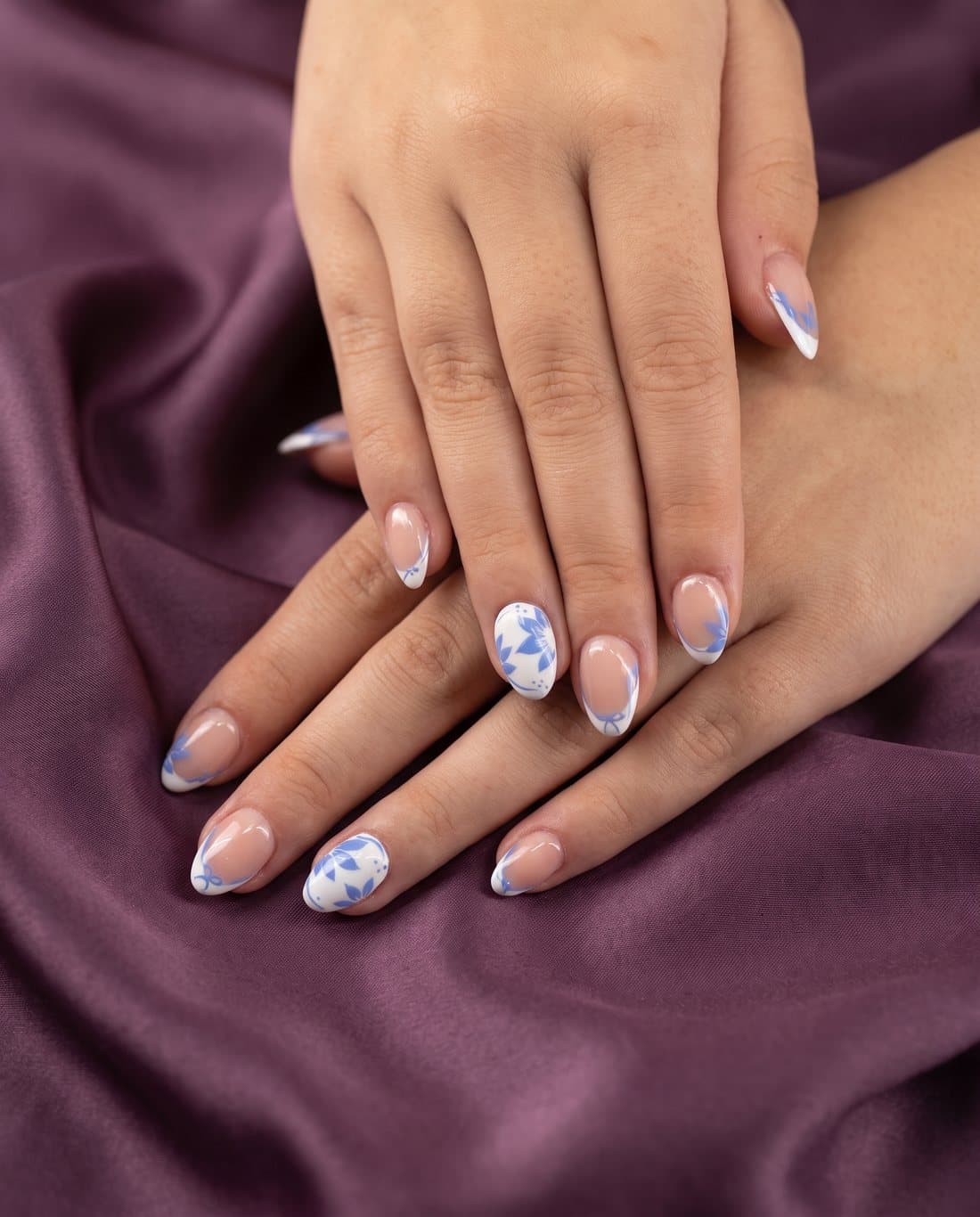 White and blue floral French tips