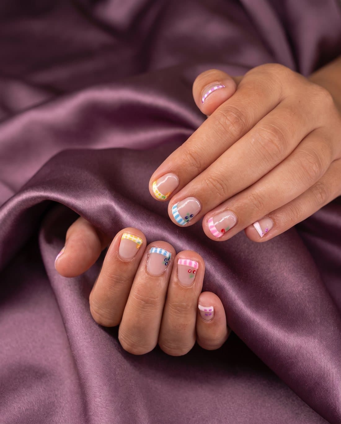 Short gingham French tips with tiny fruit