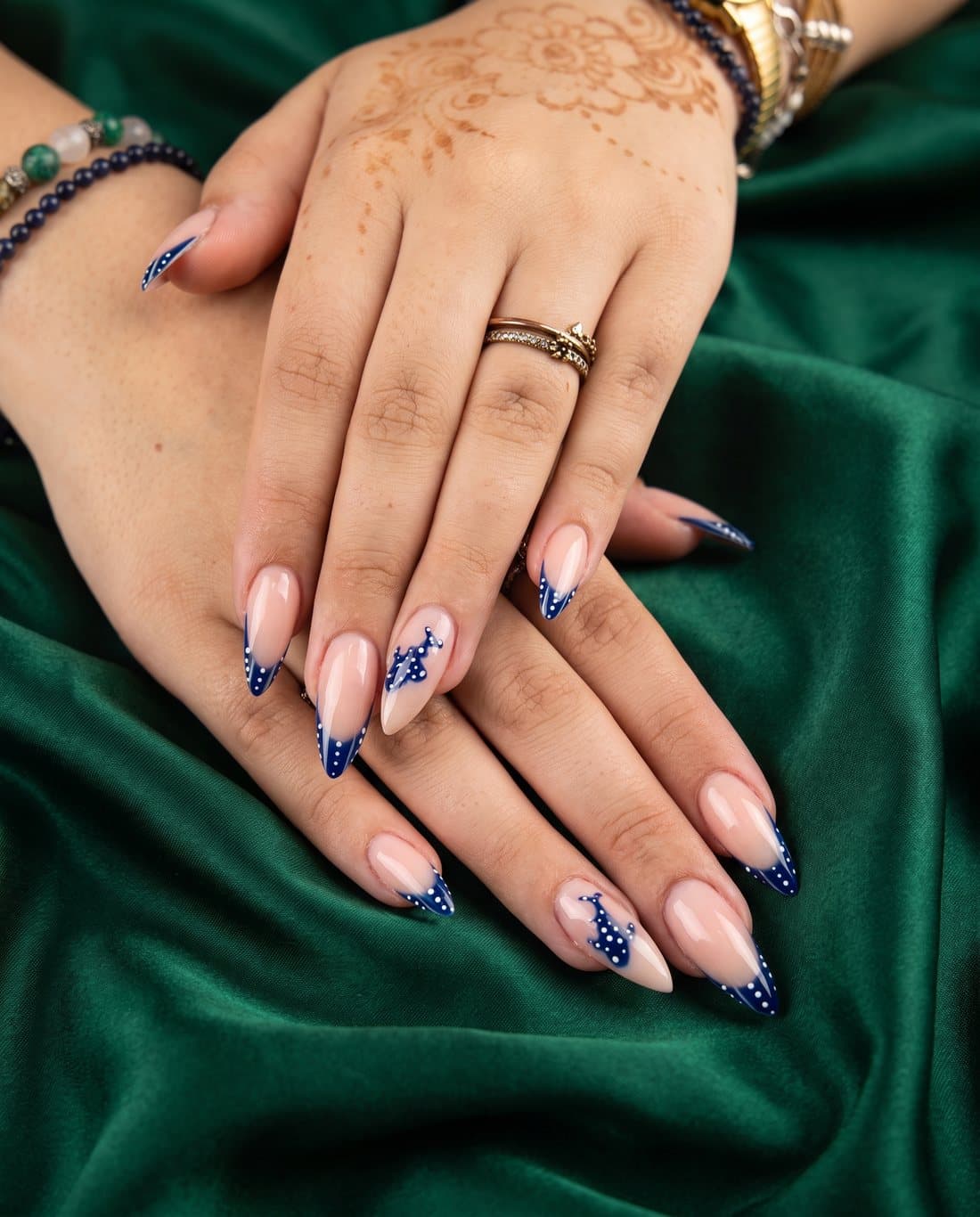 Navy French tips with white dots